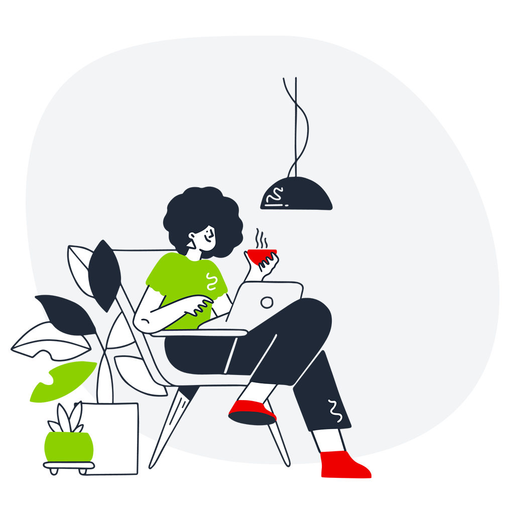 Person trinkt Kaffe und liest am Laptop